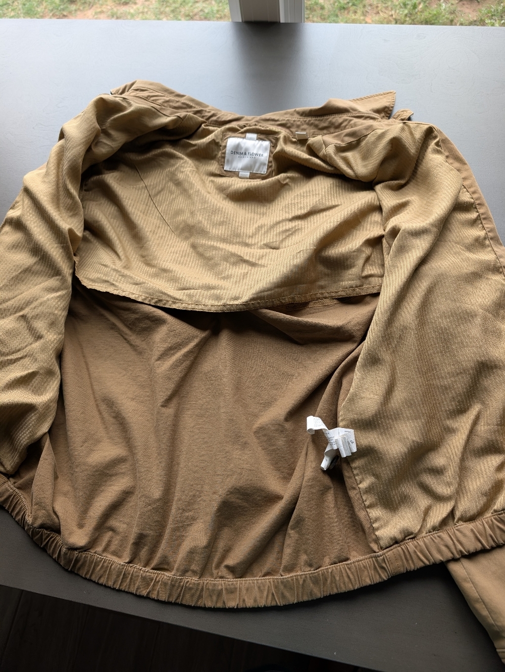 Denim & Flower Brown Bomber Jacket Zip Up Size L Utility Casual Elastic Hem - Picture 10 of 14